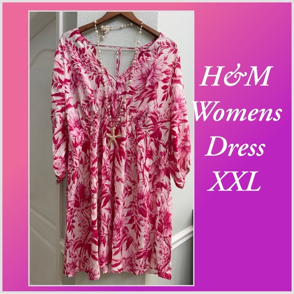H&M Pink and White Floral summer Dress babydoll knee length v-neck long sleeve - Picture 1 of 12